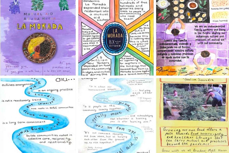 Pages from a zine published by students around the theme of sanctuary, featuring writings, drawings, paintings, and a photo