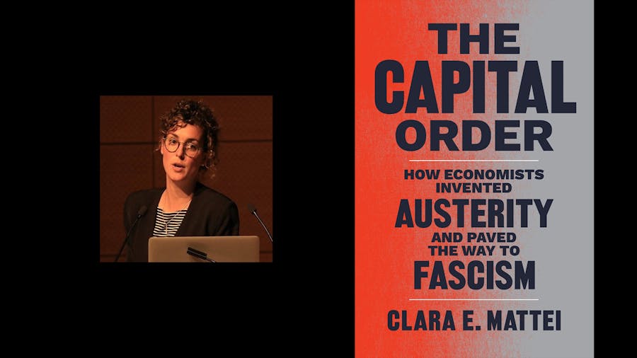 Two images: Clara E. Mattei speaking at a podium; and the cover of her book