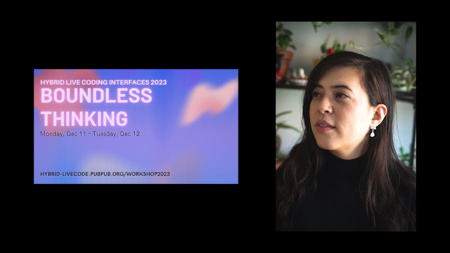 Headshot of Melody Loveless next to "Boundless Thinking" event page showing workshop title over mix of softly lit abstract shapes