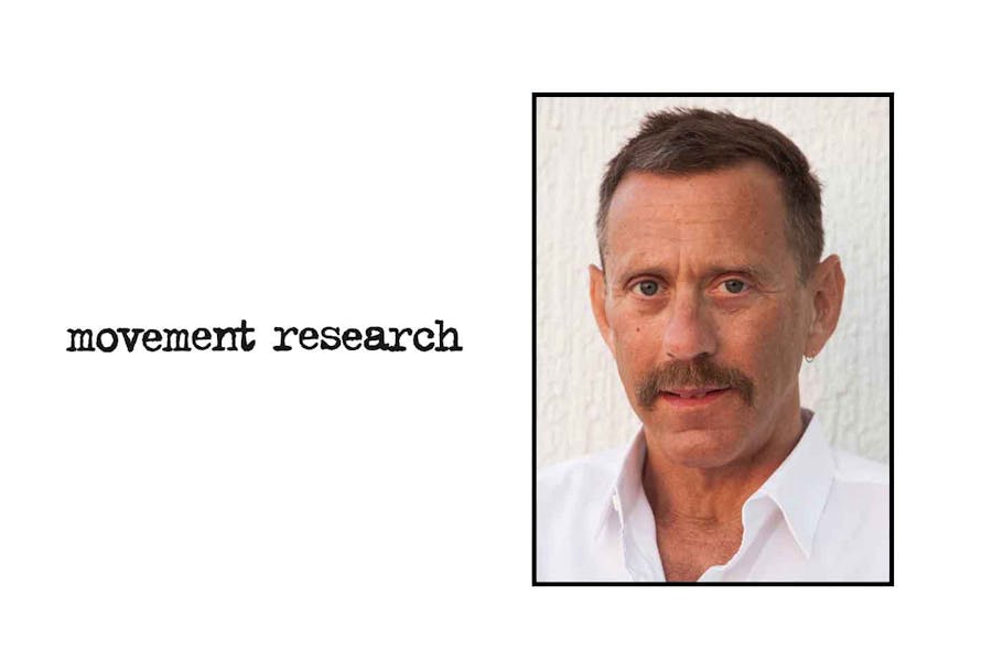 Headshot of Neil Greenberg next to inky textual masthead for Movement Research