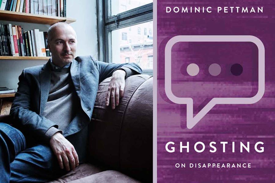 Two images: one is a photo of Dominic Pettman in his office. The other is the cover of Ghosting: On Disappearance, featuring a speech bubble containing only an ellipses, with the dot colors darkening in color from left to right.