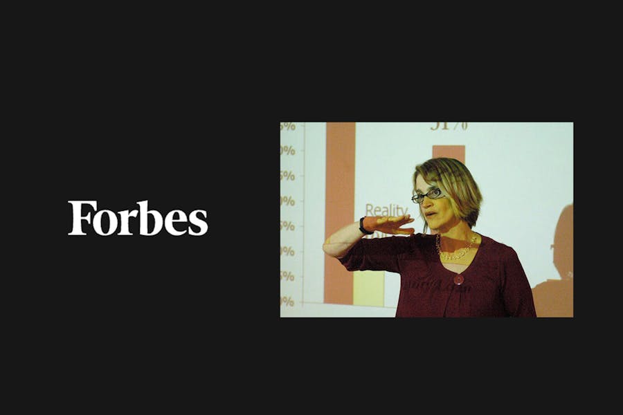 The Forbes masthead next to Teresa Ghilarducci lecturing in front of a chart.