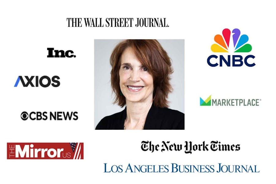 Headshot of Teresa Ghilarducci surrounded by mastheads of numerous business news outlets