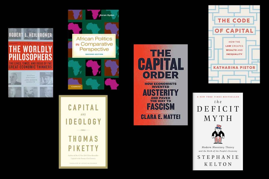 A group of book covers: The Worldly Philosophers, African politics and Comparative Perspective, The Capital Order, The Code of Capital, Capital and Ideology, and The Deficit Myth
