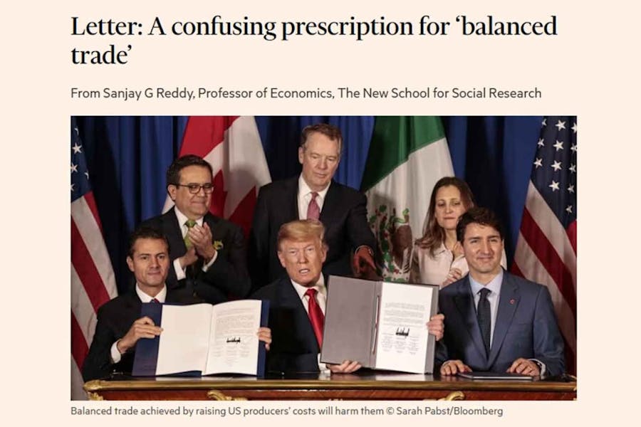 Head of page with Sanjay Reddy's letter to the Financial Times, featuring a photo of the heads of state signing the United States-Mexico-Canada Agreement (USMCA). 
