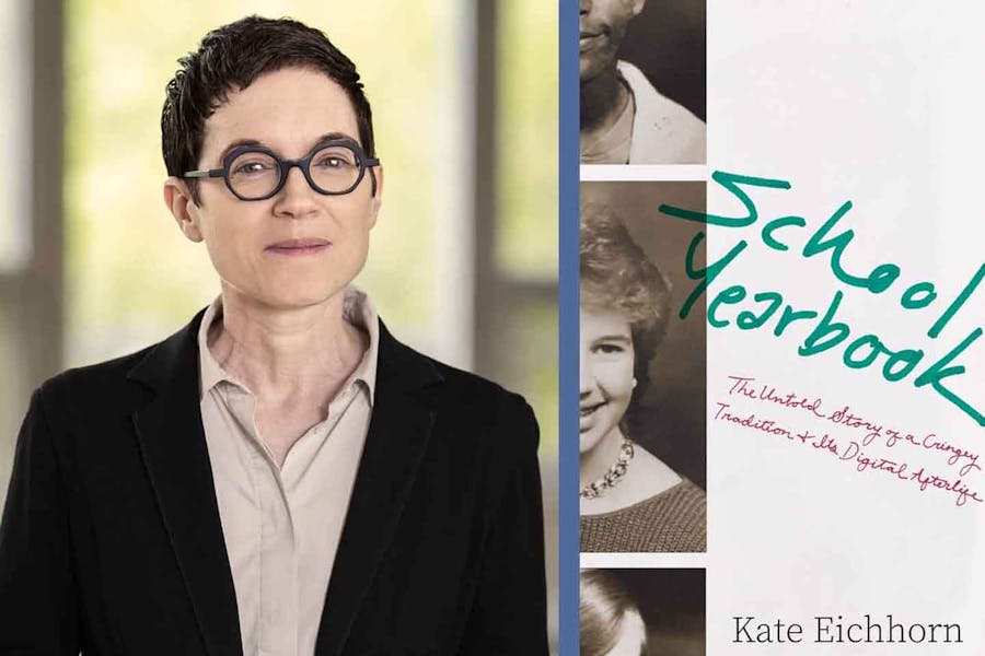 Headshot of Kate Eichhorn next to cover of her book featuring a vertical strip of three yearbook photos and the book's title in a font that looks like handwritten markers.