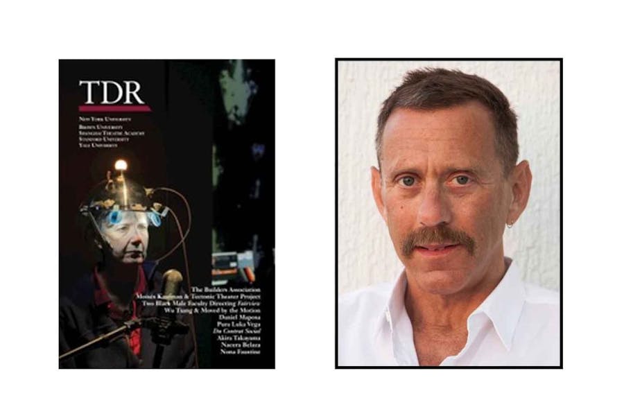 Headshot of Neil Greenberg next to cover of The Drama Review magazine featuring a person with a metallic device on their head from which protrude cables and lights.