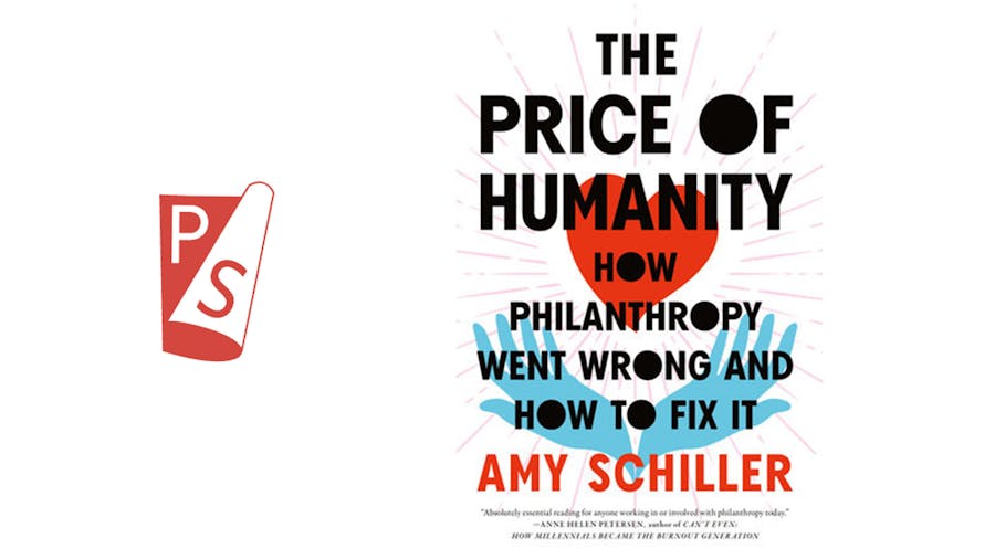Public Seminar masthead next to Amy Schiller's book cover: the title laid over a graphic of open hands below a heart