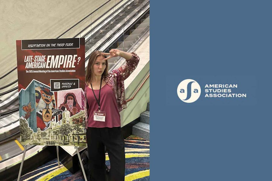 McKenna Merriman stands next to poster for American Studies Association Conference, featuring an illustration of parts of a city--murals, buildings, and the title "Late-Stage American Empire?"