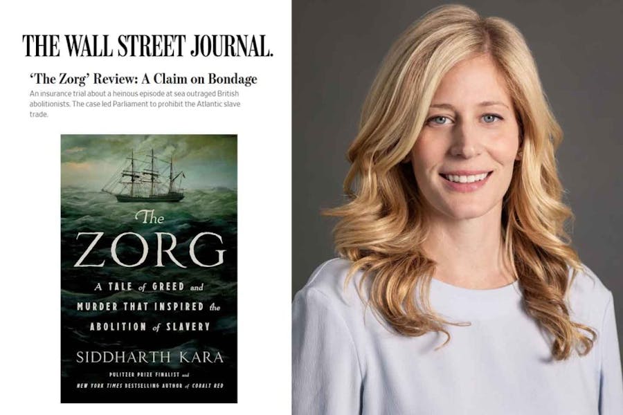 Headshot of Amanda Bellows next to text masthead of Wall Street Journal, the heading of her review of The Zorg, and an image of the book's front cover, featuring a slave ship on the ocean.
