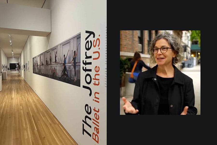 Photo of Julia Foulkes next to photo of the entrance wall to the exhibit, The Joffrey: Ballet in the City