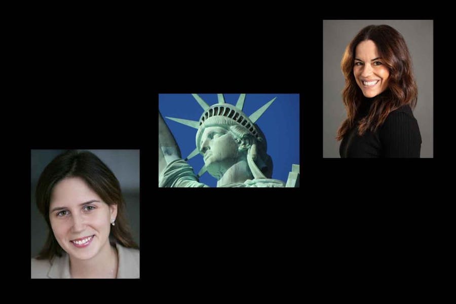 Headshots of Natalia Mehlman Petrzela and Julia Sonnevend and a photo of the head of the Statue of Liberty.