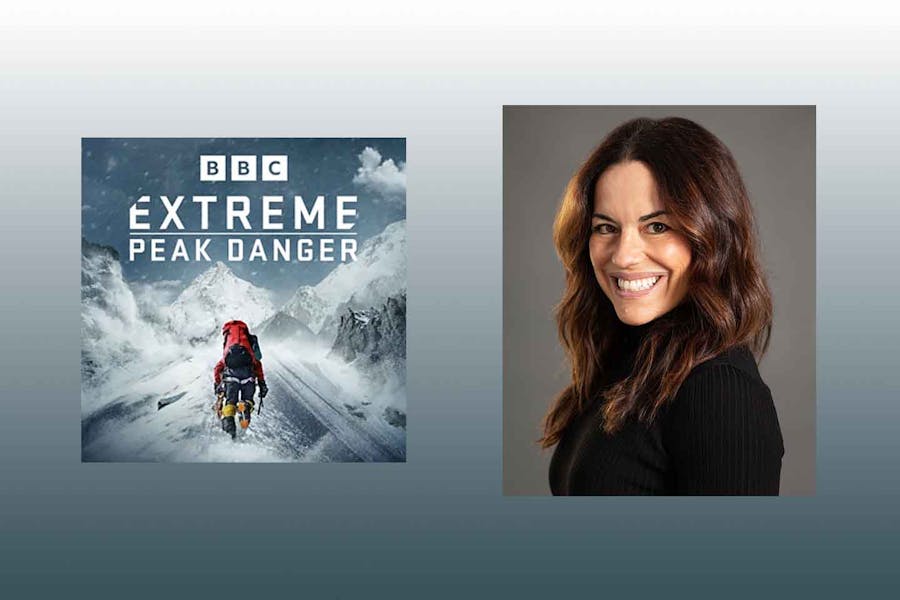 Headshot of Natalia Mehlman Petrzela next to BBC ad for Extreme: Peak Danger, showing the back of a hiker trekking up a treacherous mountain path