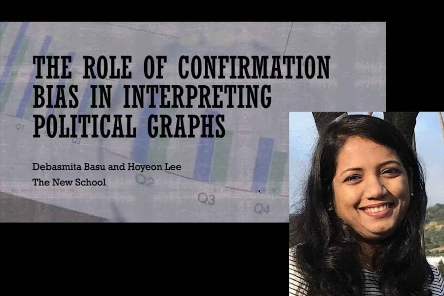 Headshot of Debasmita Basu next to title slide of her presentation