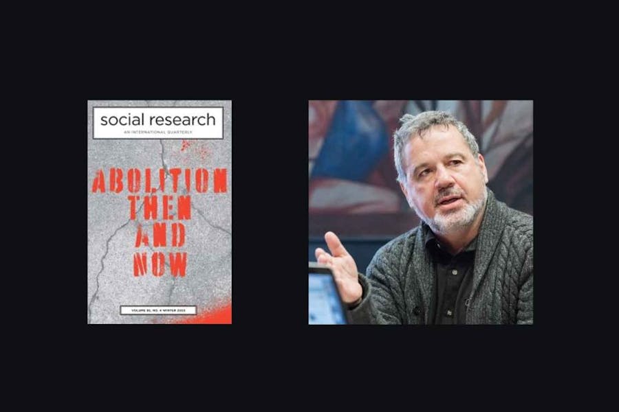 Close-up photo of Oz Frankel speaking in the Orozco room at The New School. Behind him is a section of a mural painted by José Clemente Orozco. Next to the photo is the cover of the latest issue of "Social Research" featuring red stenciled letters over cracked granite.