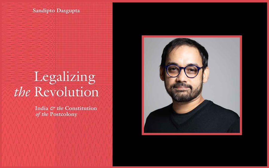 Headshot of Sandipto Dasgupta next to cover of his book, featuring graphic of four types of grids