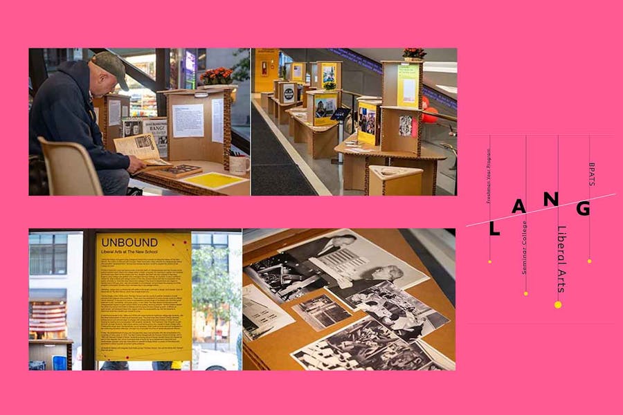 Photos of the 3D exhibit, featuring wooden modules with archival materials attached to them. Next to these photos is the logo for Lang's 40th anniversary.