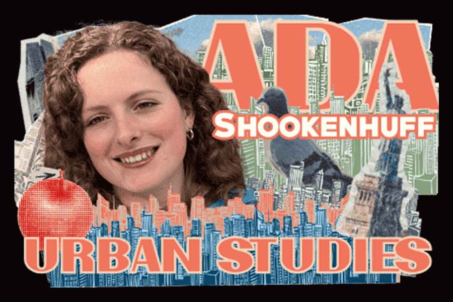 Collage with close-up photo of Ada Shookenhuff, and images of city scapes, a pigeon, an apple, and the Statue of Liberty