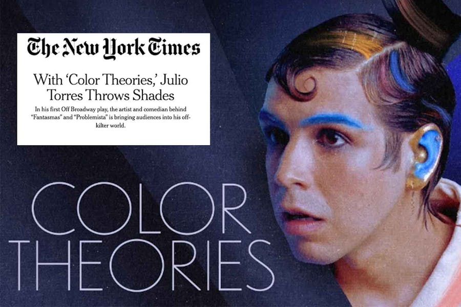 Photo of Julio Torres looking offscreen. His hair is pulled up in a swirling pony tail and he has blue, gold, and red make-up on his brows, his ear, and in streaks of his hair. Nest to him is the masthead of the New York Times above the heading for a profile piece about him. 