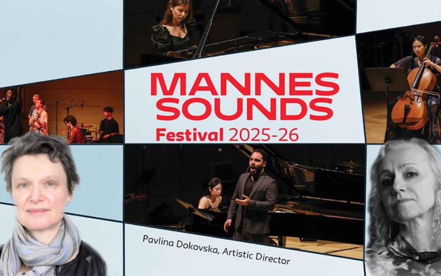 Headshots of Inessa Medzhibovskaya and Stefania de Kenessey in front of a flyer for Mannes Sounds Festival featuring photos of musicians and singers performing.