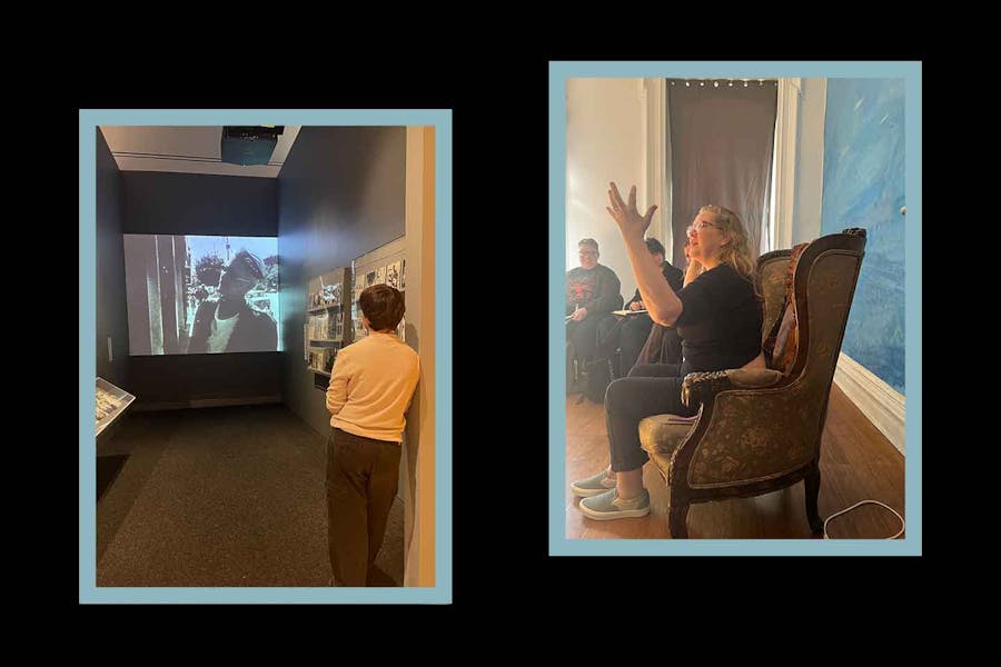 Two images: In one, a student watches a film at an exhibit; in the other, a poet gestures while speaking to a group in a salon