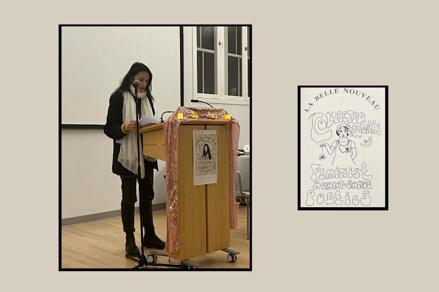2 images: Anne Waldman reading at podium, and cover of La Belle Noveau's The Collected Works of the Feminist Avant-Garde Poetics Class