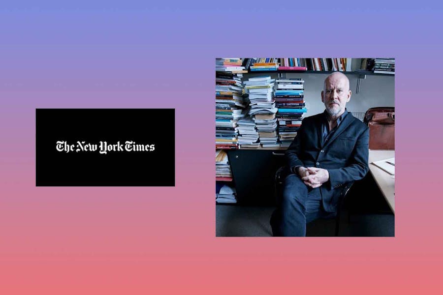 Masthead of New York Times next to photo of Simon Critchley at his desk. Behind him are stacks of books.