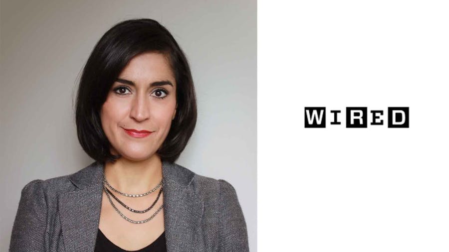 Headshot of Pantea Farvid next to text masthead of WIRED in which the letters are in blocks of alternating black and white colors