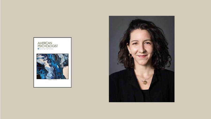 Headshot of Sedef Ozoguz next to cover of an edition of American Psychologist featuring an abstract painting with shades of blue