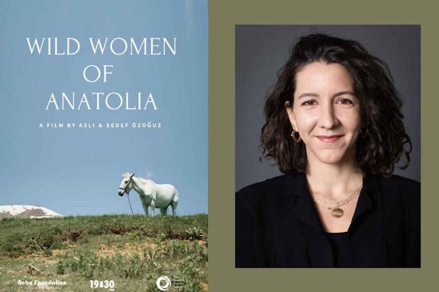 Headshot of Sedef Özoğuz next to poster for Wild Women of Anatolia featuring a reined horse, standing on a grassy plain, with a white-capped mountain in the distant background