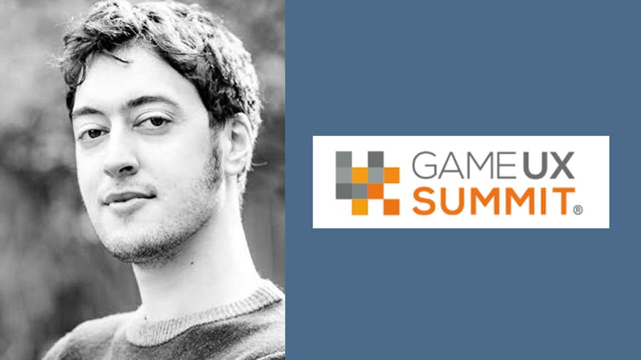 Headshot of Ben Van Buren next to logo of Game UX Summit, featuring text next to a pixellated graphic of the letters UX.
