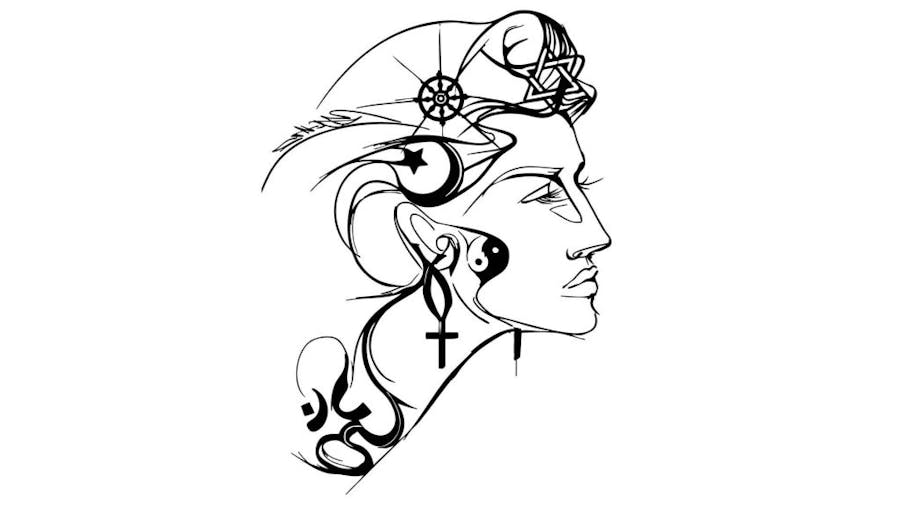 Ink drawing of a person in profile, adorned with religious symbols