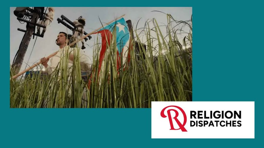 Text logo of Religious Studies with image from the half-time show at the Super Bowl, featuring Bad Bunny walking through stalks of sugarcane with the Puerto Rican flag and a telephone utility pole behind him.