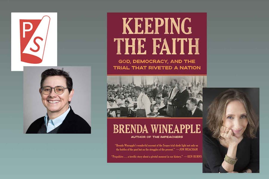 Two images: one is a headshot of Claire Potter beneath the monogram masthead of Public Seminar; the other is a headshot of Brenda Wineapple next to the cover of her book which features a photograph of the Scopes Monkey Trial.