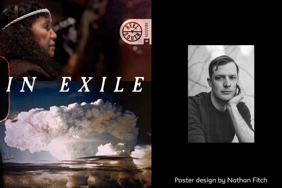 Headshot of Nathan Fitch next to poster for IN EXILE which has two images: the bottom one is a cloud of a detonated atomic bomb; the top one is the profile of a migrant from the Marshall Islands.