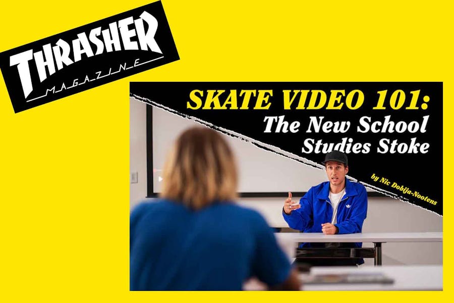 Text masthead of Thrasher with a photo of Tony Hawk speaking to a student. The article's title overlays the photo: SKATE VIDEO 101: The New School Studies Stoke