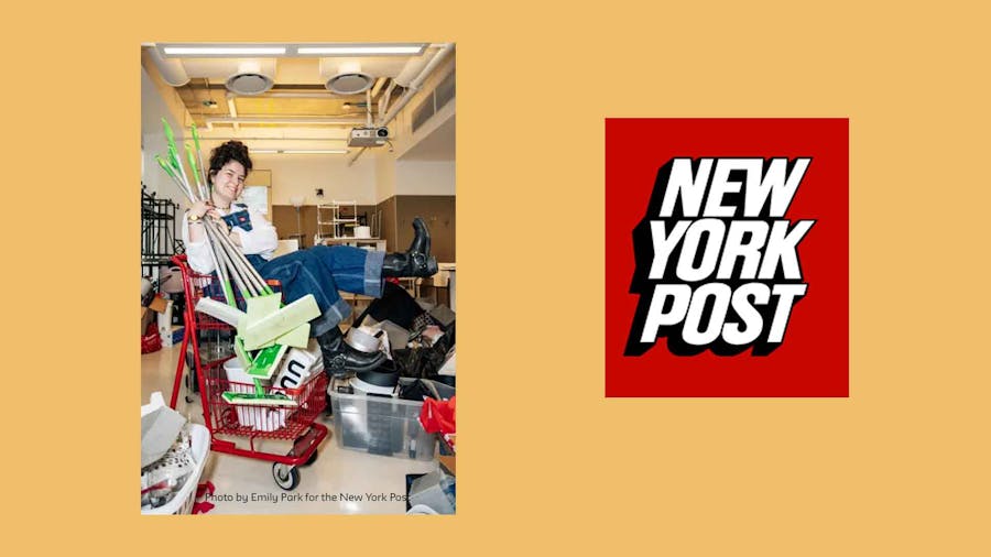 New York Post masthead next to photo of Shannon Hughes sitting on a pile of donated items in a grocery cart