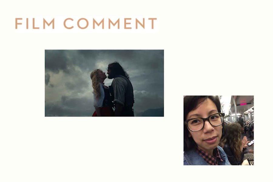 Text masthead of Film Comments, close-up photo of Genevieve Yue, and film still from Wuthering Heights with Margot Robbie and Jacob Elordi.