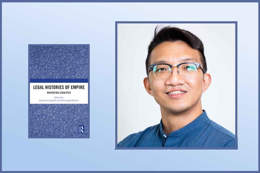 Headshot of Jack Jin Gary Lee next to cover of his book, featuring title, "Legal Histories of Empire," against a graphic textual background