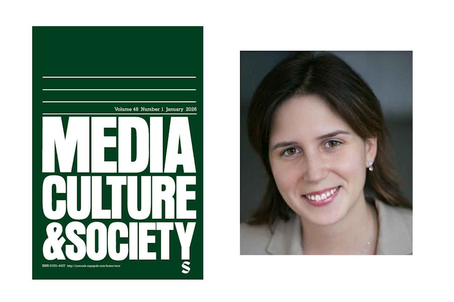 Headshot of Julia Sonnevend next to textual cover Media, Culture & Society