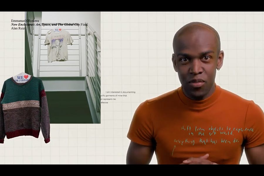 On left side of image, a sweater hangs on a hanger next to a photo of a tee shirt hanging off a metal banister with text explaining that the clothes are the artist's. On the right is the artist.
