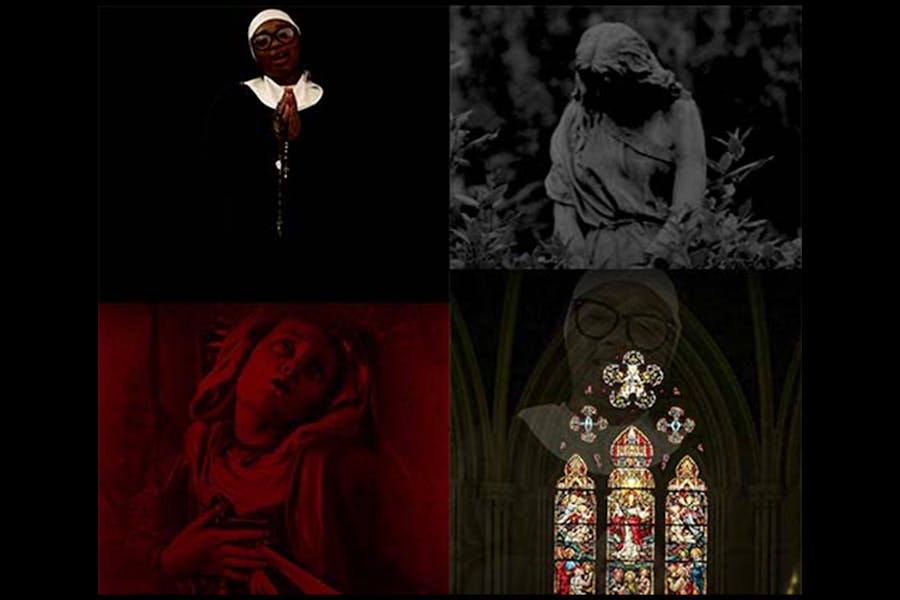 Four photo assemblage of a nun, two sculptures of women, and a stained glass window in a church superimposed on an image of the same nun in the nun photo.