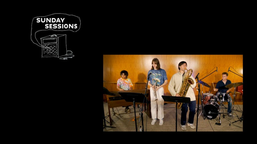 The Sunday Sessions' logo, a drawing of an amplifier, next to a photo of Threat Middler musicians playing. The musicians are a drummer, a trumpet player, a saxophone player, and an organ player.