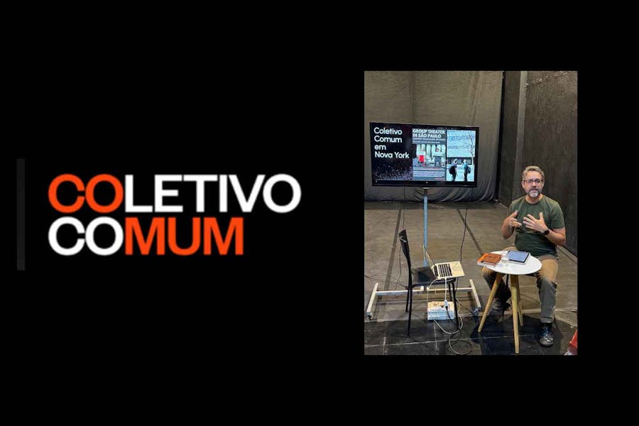 Text masthead of Coletivo Comum next to photo of Marcos Davi Silva Steuernagel presenting his talk in a black box theater. 