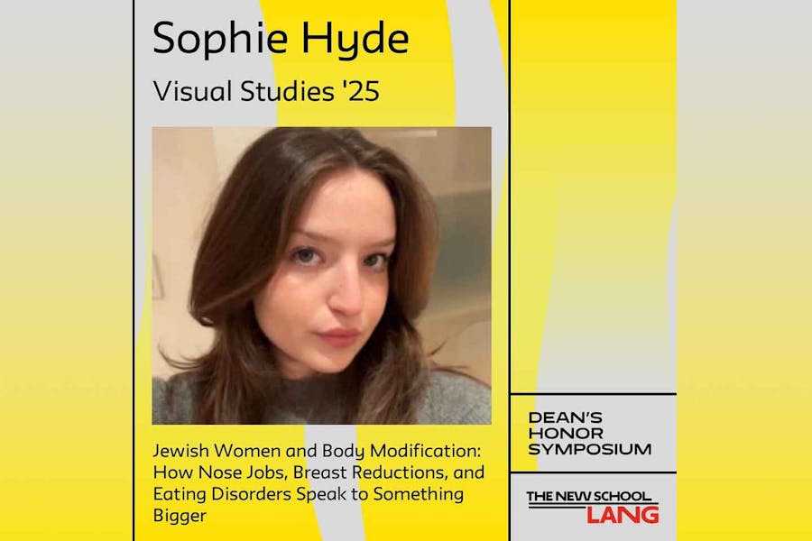 Flyer for Sophie Hyde's Dean's Honor Symposium poster, featuring a headshot of Sophie beneath her major (The Arts, concentrating in Visual Studies) and project title: Jewish Women and Body Modification: How Nose Jobs, Breast Reductions, and Eating Disorders Speak to Something Bigger