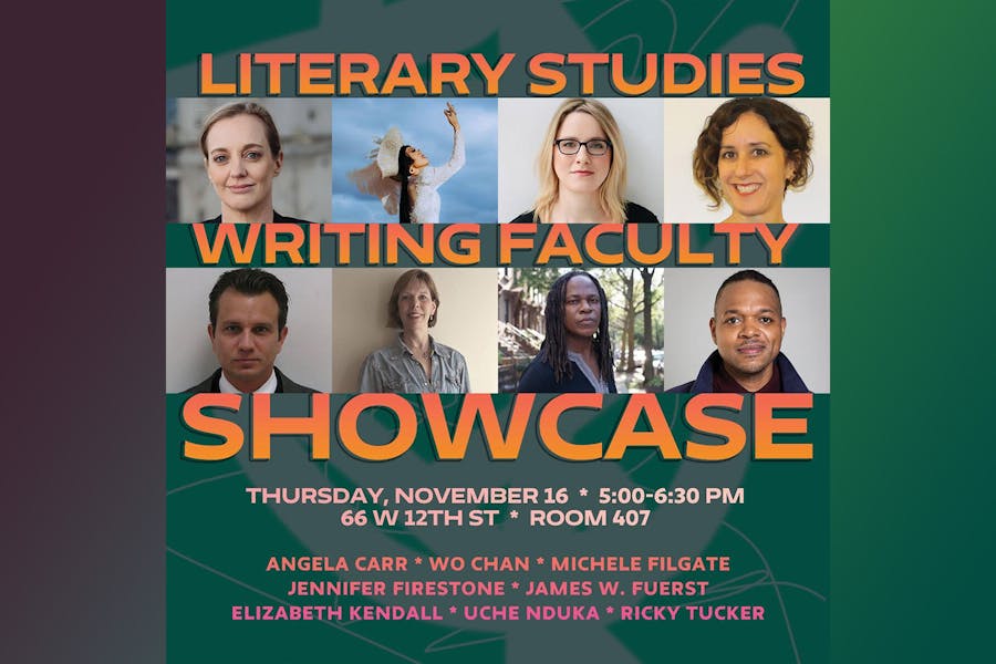 Flyer of the event with headshots of 8 writing faculty members