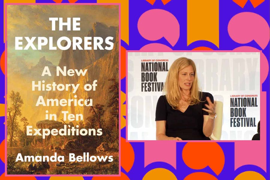 Snapshot of Amanda Bellows speaking on the Library of Congress panel. Next to the snapshot is the cover of her book featuring a romantic landscape painting. Serving as a background to these two images is a colorful graphic of abstract shapes. 