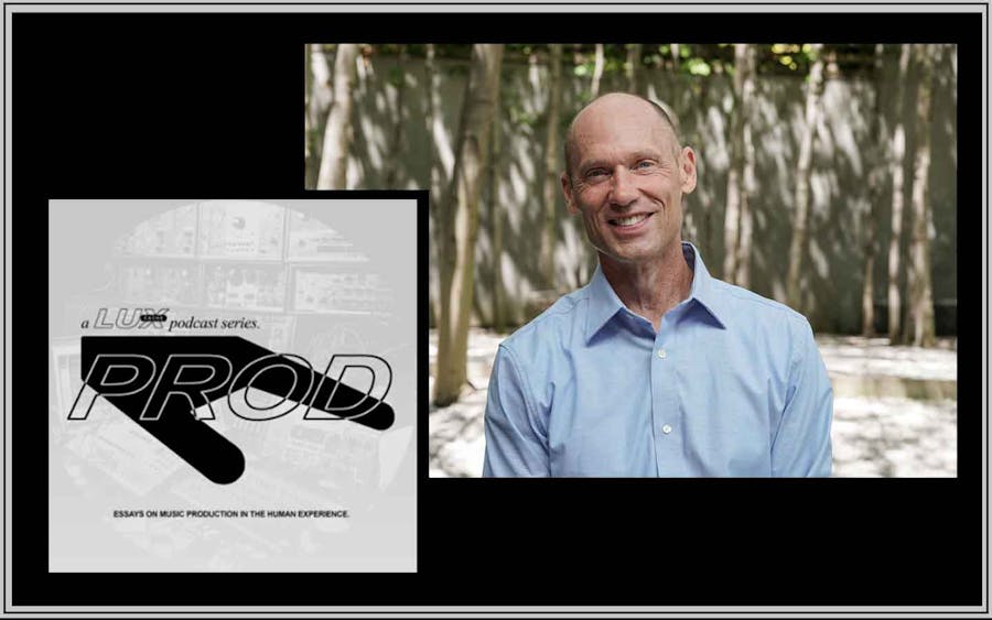 Headshot of Dean Cox in a courtyard with trees in the background. Alongside him is Prod's graphic: text with a black graphic over a barely visible sound studio.