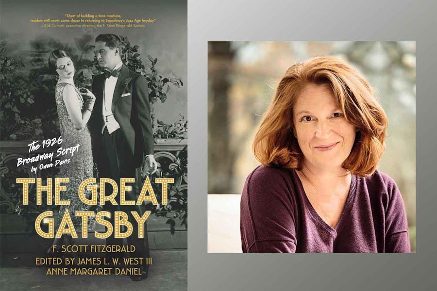 Headshot of Anne Margaret Daniel next to cover of book depicting a photo from the 1926 production of The Great Gatsby. In the photo, a man in a tuxedo holds the arm of a woman in a flapper dress whose head is turned away from him.