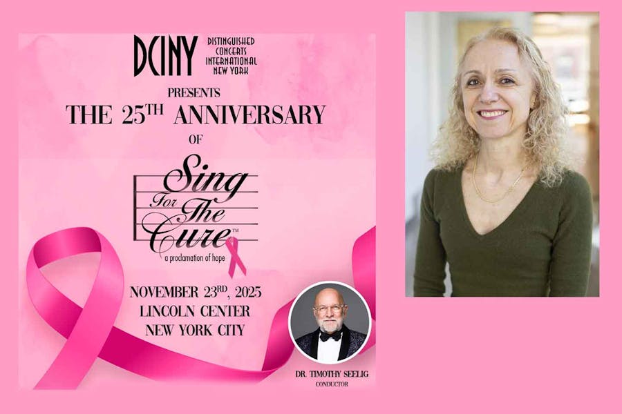 Headshot of Stefania de Kenessey next to graphic for 25th Anniversary concert, featuring the words "Sing for the Cure" on musical bar lines and pink ribbons